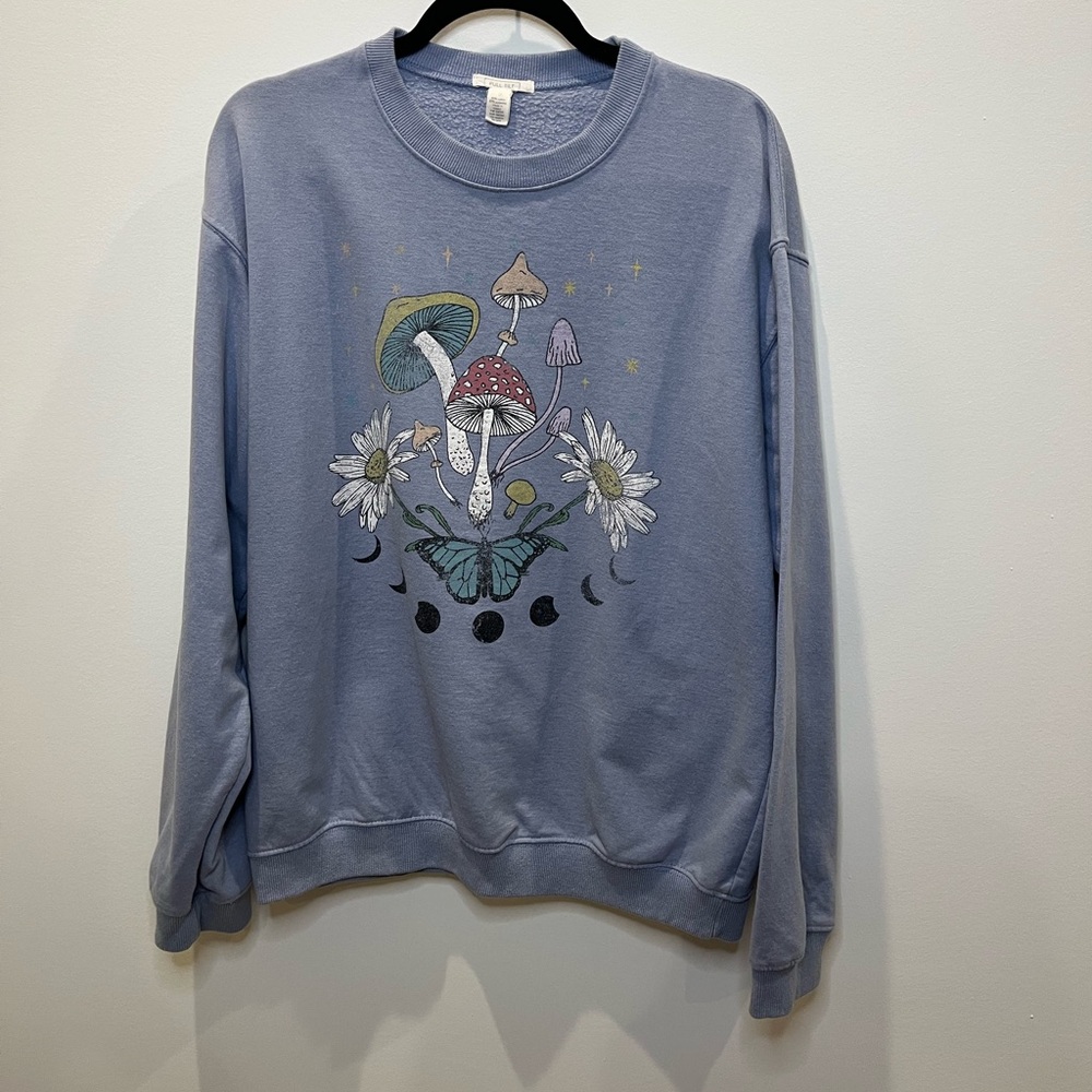Full Tilt blue, cottage-core, mushroom sweatshirt